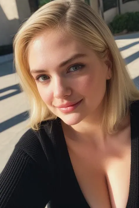instagram photo, closeup face photo in black sweater, cleavage, pale skin, blonde hair, (smile:0.4), hard shadows <lora:KateUpton-RealVision-V1.0:1>