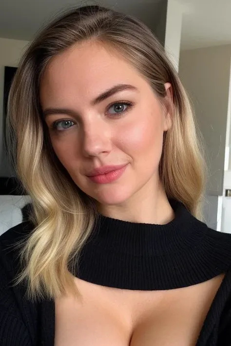 instagram photo, closeup face photo in black sweater, cleavage, pale skin, blonde hair, (smile:0.4), hard shadows <lora:KateUpton-RealVision-V1.0:1>