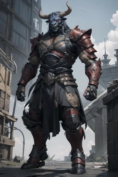 1 monster, a metal bull, (metal skin), metal. red eyes, armored, skull, metal body, fantasy robot, empty hands, arms raised (perfect hands), masterpiece, best quality, highres <lora:minotaur_v0.1b:0.5> minotaur <lora:Demon:0.5> demon