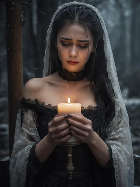(full body:1.2), An photo in the dark fantasy comics-style art by (Luis Royo: 1.2),
depicting a (single) (1girl:1.2) young, innocent looking medieval Slavic noble (widow) woman. She is grieving, kneeling outside in front of old thick oak and wooden carved (pagan shrine) with lit candles and offerings, with first (snowflakes) falling down, crows circling in the sky Her skin is pale, she has short black hair bun, she wears mourning widow lace tunic and black chocker, delicate lace (pantyhose) with visible naked shoulders holding (bouquet of dried flowers) and with black eyeshadow and black lipstick, tears run down her cheeks, runny mascara,
<lora:add-detail-xl:1>, all, (darkness:1.15), side_light, <lora:crying:2> crying,, Ultra-HD-details, true to life, HDR image,High detail resolution,soft eyes,natural skin, high detailed cloth,vintage,cinematic lighting,realistic,sharp focus,(very detailed),((4K HQ)),depth of field,f/1.2,Leica,8K HDR,High contrast,shadows, bokeh,(detailed and realistic skin texture),(detailed clothing),(detailed background),detailed skin,(highly detailed skin),(8K HDR photo),realistic texture,realistic shadows,accurate to life,living image,lifelike . shallow depth of field, vignette, highly detailed, high budget, bokeh, cinemascope, moody, epic, gorgeous, film grain, grainy,