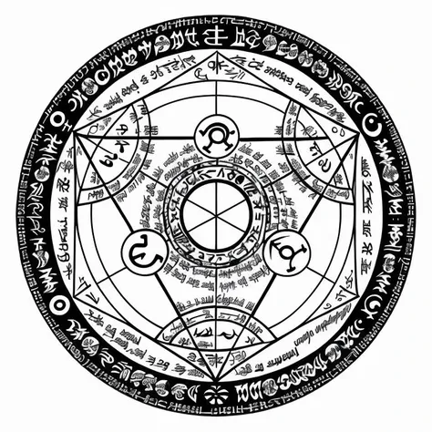 nvjobmagiccircle magic summoning circle, a circle with many different symbols in it, including the names of all the zodiac signs and the numbers of all the stars, magic circle, summoning circle, black magic circle on white background, on a white background, black and white, abstract sacred geometry, complicated, with symbols, inscriptions, signatures