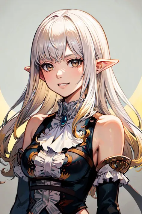 A charming anime illustration showing a serene and ethereal girl, She has long flowing white hair, blue eyes, fair skin, Gold necklace, Wearing an exquisite white Greek-style robe, Hand holding gold horn helmet, Sitting in the mysterious forest facing the audience。Depth of Field, A harmonious blend of soft ambient lighting and lush greenery and dreamy elements in the background, Highlights the charming atmosphere。her calm and graceful posture, With a gentle expression, Create a tranquil and otherworldly atmosphere, As if captured from a timeless fairy tale。