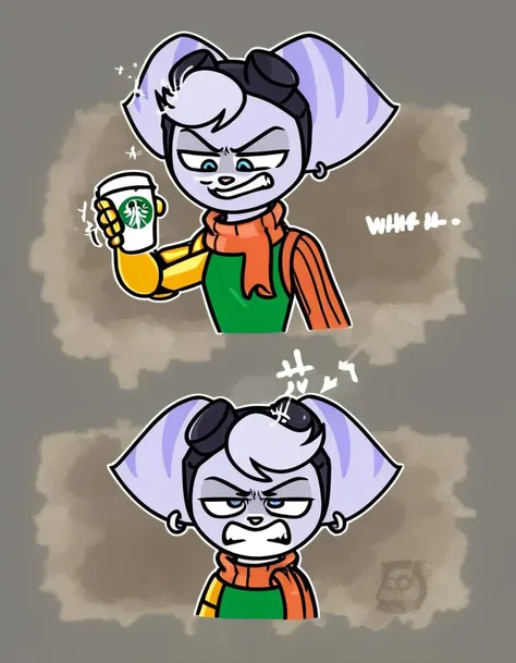 1girl, rivet, fixed_grin, gritted teeth, eyes_staring_into_the_middle_distance, sweater, latte, twitching, tired_eyes, holding_back_anger, urge_to_kill_rising, <lora:rivet_prodigy_v2-000060:1>