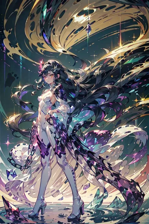 solo, <lora:FallenCecilia:0.7> heterochromia, yellow eyes, purple eyes, horns, hair ornament, tail, white cape, shoulder armor, white pants, white corset, bare shoulders, pauldrons, chain,   <lora:samo crystal3:1> crystal, crystal sphere-1, glowing, wearing a transparent bodysuit made of azure crystal, (iridescent,vivid fancy neon color),holo glowing rainbow color,, ultra detailed, masterpiece, best quality, aesthetic, detailed,