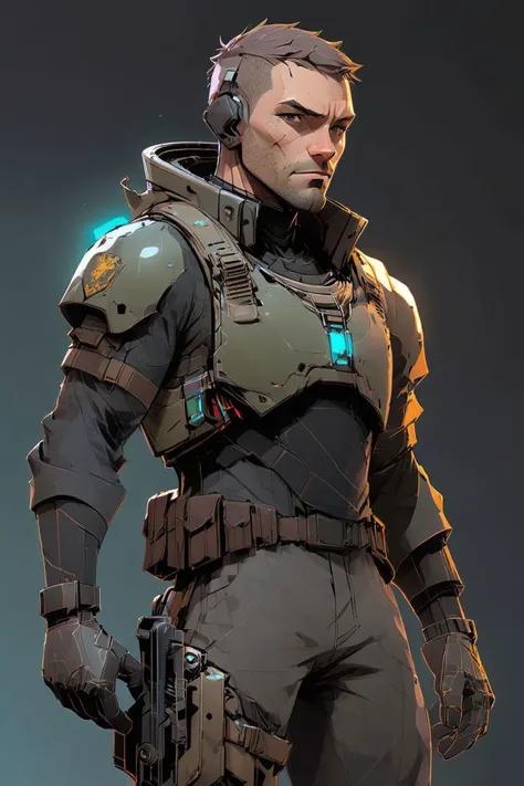 tactical cyberpunk police officer, french, intricate design, silicon nanotech, hightech helmet, practical, efficacity, futuristic laser hand gun, intricate, highly detailled, assault suit, (full body:1.5) , large boots, socle, comics render, illustration, 2d character, (<lora:mhk_comics:1>), game character, casual outfits,  flat render, trending on artstation, concept, small, 1person, (full body:1.4), wide angle, 16mm, hero pose, deciduous, (freckles:0.741), gentle face, subtle smiling, cool person, full body, stylized hairs, master piece, intricate, black background, rim lighting, dimlight