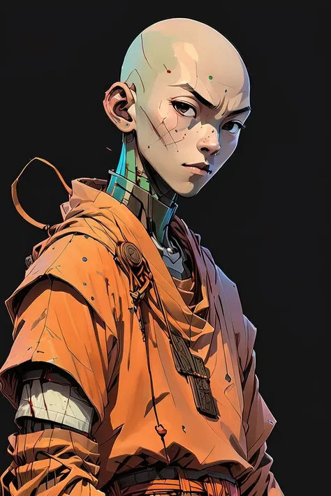 elaborate standing 3d character of a (skinny:0.5) 1boy monk,( full body:1.5), bald, (android:0.4), futuristic, hard surfaces, mecha, robot, cybernetic, intricate technology, asian, silicon cuts shells on face, facial parts, wide angle, 50mm, skinny,scars, blood on clothes, thin, hero pose, deciduous, (freckles:0.741), dirty clothes, rice braided Asian conical hat, thorns,goosebumps, gentle face, subtle smiling, cool person, (holding wooden stick:1.3) , (full body:1.6), highly detail war armor, orange long cloak, religious warrior, by Laurey Greasley and Takeshi Obata, desire to achieve enlightenment, nirvana, yellow, orange, (cyberpunk:1.2),, comics render, illustration, 2d character, (<lora:mhk_comics:1>), flat render, outline, master piece, intricate, (simple background, black background:1.5), rim lighting, dimlight