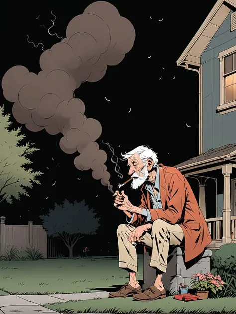 <lora:Alec Soth style:1>Alec Soth style - Artwork by Alec Soth of an old man smoking a cigar outside in the front yard, comics render, illustration, 2d character, (<lora:mhk_comics:1>), flat render, outline, master piece, intricate, (simple background, black background:1.5), rim lighting, dimlight