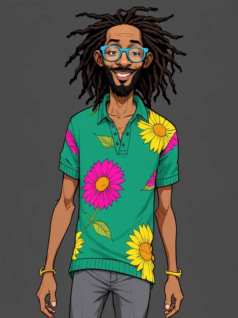 skinny reggae man, large knitted flowered shirt, sexy, african, black dreads hair, (nude feets, tongs:1.4), cool attitude, (dark skin:1.4), nerdy, round glasses, euphoric, crazy, funny, realistic, Jah shirt, colored accessories, (socle:1.3), comics render, illustration, 2d character, (<lora:mhk_comics:1>), flat render, outline, master piece, intricate, (simple background, black background:1.5), rim lighting, dimlight
