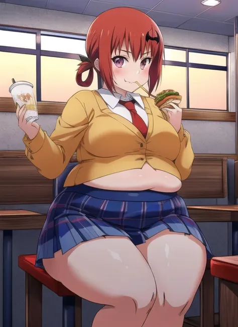masterpiece, best quality, masterpiece, Satania-embedding, Gabriel Dropout, (art by kipteitei, kipteitei), ((obese)), navel, school uniform, sitting in restaurant, eating burger, better with salt, k-on!, studio ghibli