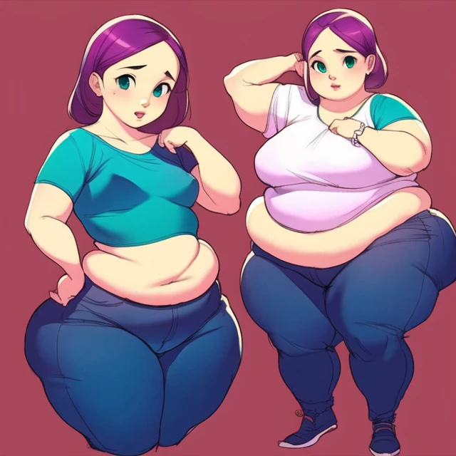 ((best quality)), (((masterpiece))), 1girls, art by sooftly, fat, small breasts, (wide hips), thick thighs, tight, tight clothes, skin tight, tight pants, tight shirt, looking at viewer