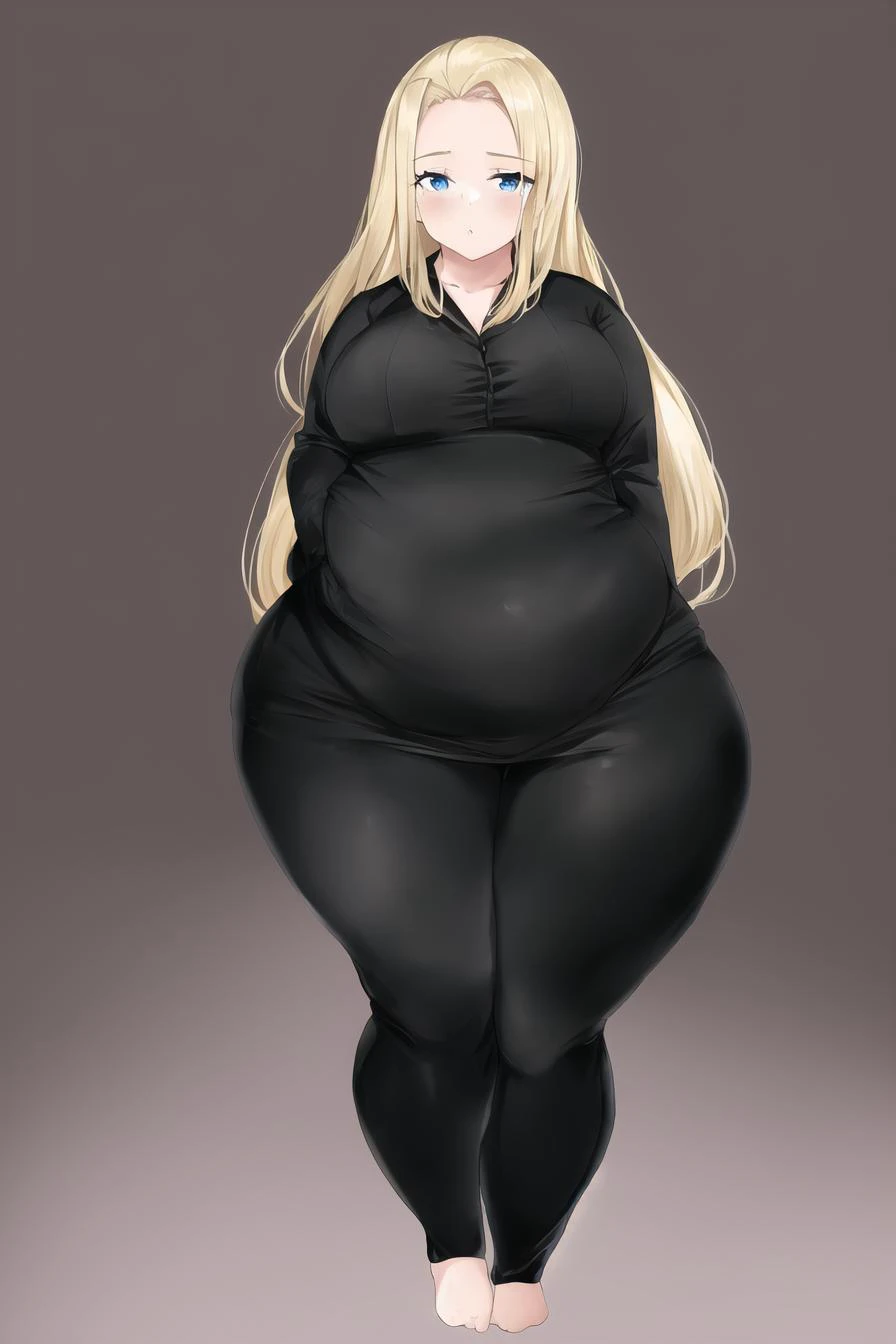 absurdres, absurd resolution, highres, high resolution, best quality, masterpiece, 1girl, blonde hair, solo, long hair, big belly, blue eyes, looking at viewer, plump, fat, (wide hips), black dress, skin tight,