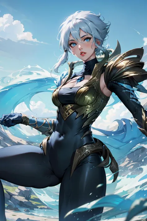 (Masterpiece:1.4), (best quality:1.2), <lora:dawnbringer_riven-000012:1>, dawnbringer riven, 1girl, bodysuit, armor, white hair, short hair