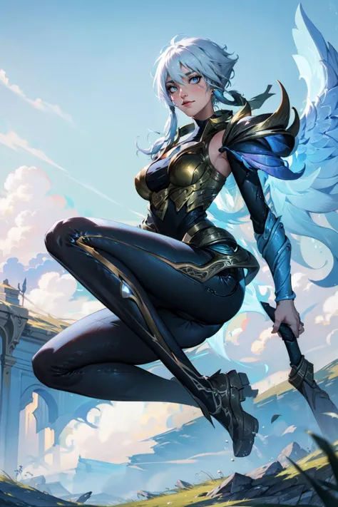 (Masterpiece:1.4), (best quality:1.2), <lora:dawnbringer_riven-000012:1>, dawnbringer riven, 1girl, bodysuit, armor, white hair, short hair