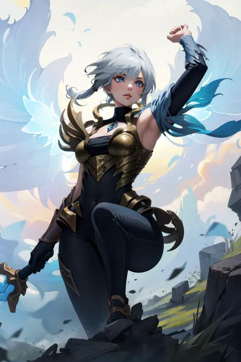 (Masterpiece:1.4), (best quality:1.2), <lora:dawnbringer_riven-000012:1>, dawnbringer riven, 1girl, bodysuit, armor, white hair, short hair