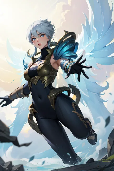 (Masterpiece:1.4), (best quality:1.2), <lora:dawnbringer_riven-000012:1>, dawnbringer riven, 1girl, bodysuit, armor, white hair, short hair