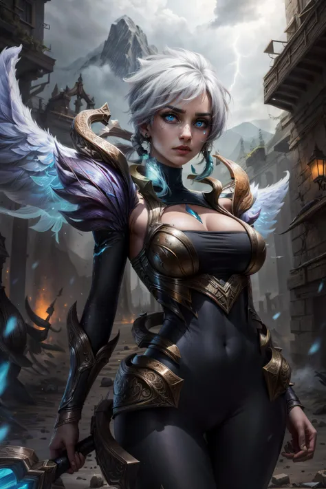 (masterpiece, best quality, high quality, highres, ultra-detailed), ultra realistic, ((gorgeous)), ultra-detailed, (beautiful detailed face and eyes and hair:1.2), (masterpiece:1.4), perfect eyes, realistic, 8k, professional light, perfect face, beautiful detailed face, intricate details, 1girl, looking at viewer, solo, Extremely beautiful, large breast, perfect, dawnbringer riven, 1girl, bodysuit, armor, white hair, short hair, <lora:add_detail:0.65>, <lora:dawnbringer_riven:1.0>, <lora:GoodHands-vanilla:1.5>, cowboy shot, wings, battlefield, background with mountains, white lightening, turquoises energy eyes,