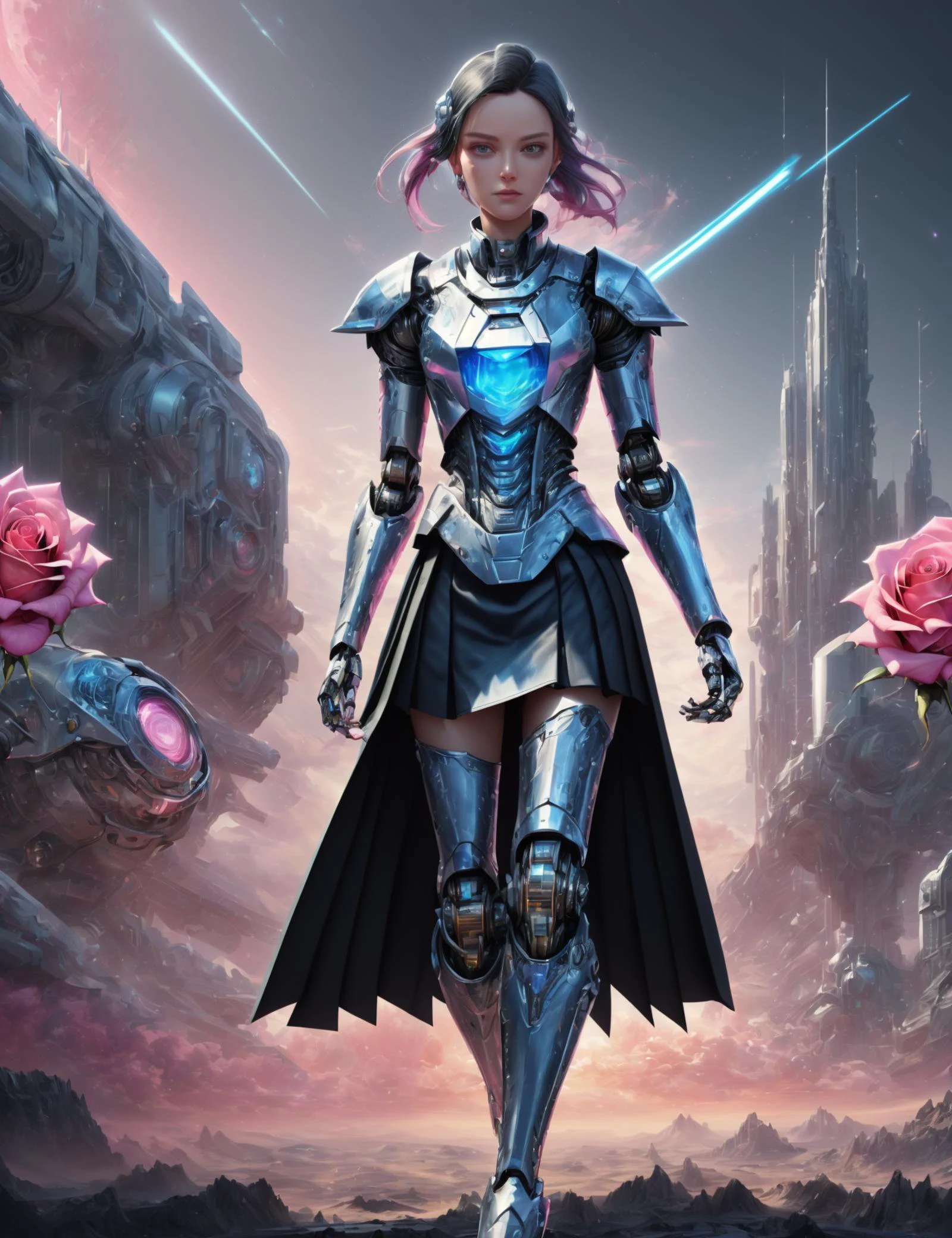 ((best quality)), ((masterpiece)), ((realistic,digital art)), (hyper detailed),DonMR0s30rd3r female knight full body clothing, Ribbed, Robotic Fabric,   Short Sleeves, Knee Length, High Waist, Pleated Skirt,  Pockets,,Tie-Dye  ,rose, octane rendering, raytracing, volumetric lighting, Backlit,Rim Lighting, 8K, HDR <lora:DonMR0s30rd3r-000010:1>