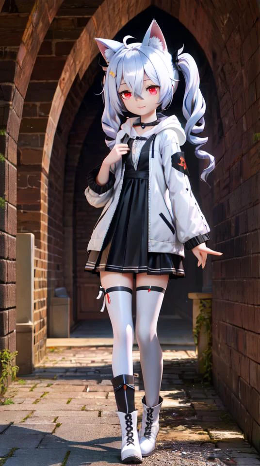 1girl, flat chest, shiny skin, short hair, white hair, ahoge, messy hair, payot, twintails, short twintails, animal ears, animal ear fluff, bat ears, bangs, hair between eyes, bat hair ornament, seductive smile, empty eyes, red eyes, glowing eyes, black dress, short dress, pleated skirt, hooded jacket, white jacket, open jacket, open clothes, white hood, hood down, long sleeves, wide sleeves, sleeves past wrists, sleeves past fingers, white thighhighs, zettai ryouiki, boots, white footwear, outdoors, cave, rock, stone, day, ground, opening, tunnel, pathway, crevice, underground, natural lighting, limestone, stalactite, stalagmite, cavern, urban, building, concrete, construction, machinery, scaffolding, development, advancement, civilization, architecture, infrastructure, <lora:mmd++++-000008:0.7>, masterpiece, best quality, official art, extremely detailed CG unity 8k wallpaper, artbook,