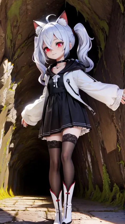 1girl, flat chest, shiny skin, short hair, white hair, ahoge, messy hair, payot, twintails, short twintails, animal ears, animal ear fluff, bat ears, bangs, hair between eyes, bat hair ornament, seductive smile, empty eyes, red eyes, glowing eyes, black dress, short dress, pleated skirt, hooded jacket, white jacket, open jacket, open clothes, white hood, hood down, long sleeves, wide sleeves, sleeves past wrists, sleeves past fingers, white thighhighs, zettai ryouiki, boots, white footwear, outdoors, cave, rock, stone, day, ground, opening, tunnel, pathway, crevice, underground, natural lighting, limestone, stalactite, stalagmite, cavern, urban, building, concrete, construction, machinery, scaffolding, development, advancement, civilization, architecture, infrastructure, <lora:mmd++++-000008:0.7>, masterpiece, best quality, official art, extremely detailed CG unity 8k wallpaper, artbook,