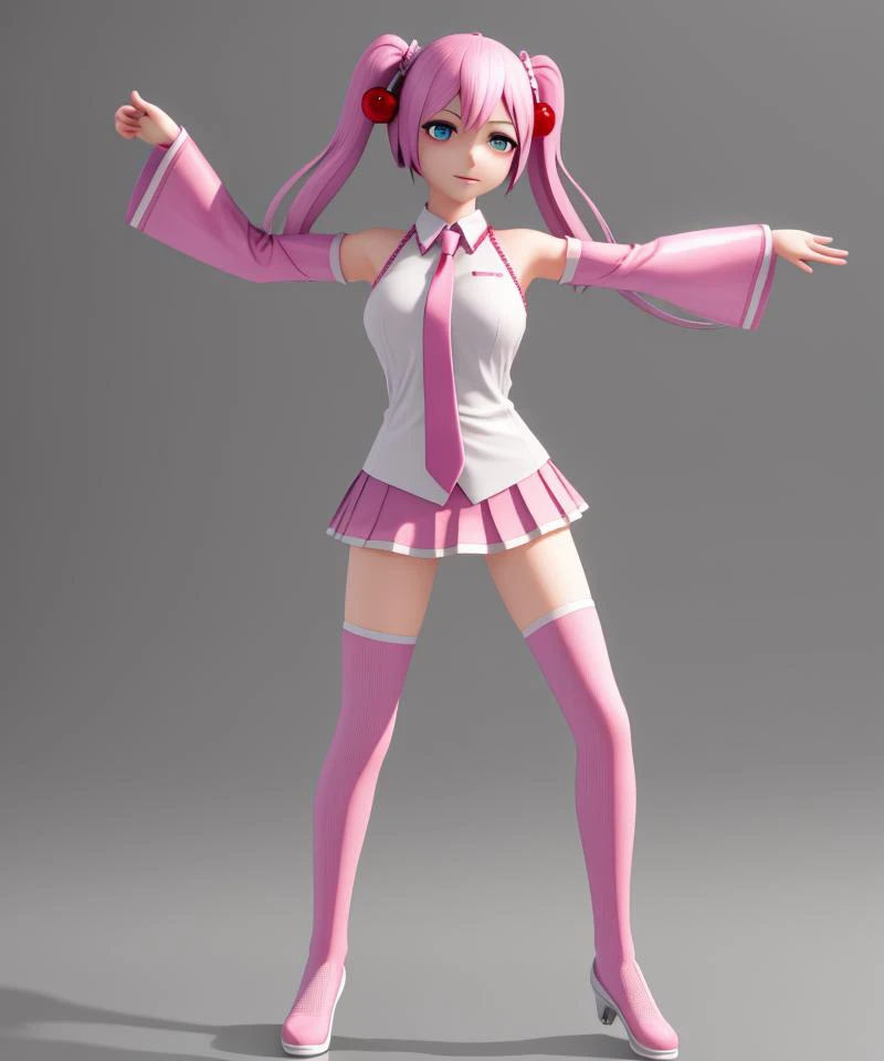Masterpiece, best quality, amazing detail, absurdres, 25 year old 1girl, 3d face, sakuramiku, large breasts, unity render, <lora:mmd++++:0.8>, standing, simple grey background, (detailed eyes:1.2) <lora:hatsunemiku1:1>, dance pose, arms up