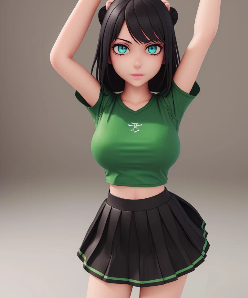 Masterpiece, best quality, amazing detail, absurdres, 25 year old 1girl, 3d face, green shirt, black skater skirt, large breasts, unity render, <lora:mmd++++:0.8>, standing, simple grey background, (detailed eyes:1.2), dance pose, arms up