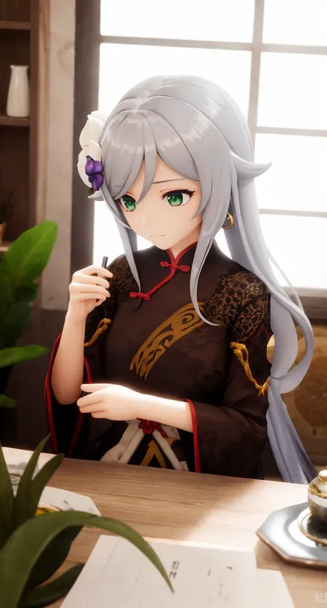 1girl, solo,upper body, green eyes,<lora:mmdplus-000006:1> 1girl, hair ornament, flower, lattice, solo, table, scroll, sitting, window, round window, jewelry,, paintbrush, long hair, chinese clothes, indoors, vase,, earrings, looking down, long sleeves, hair flower, chair, hanfu, blue dress, bracelet, , beads, tassel, dress, holding, calligraphy brush, windowsill, teapot, closed mouth, shawl, blue flower