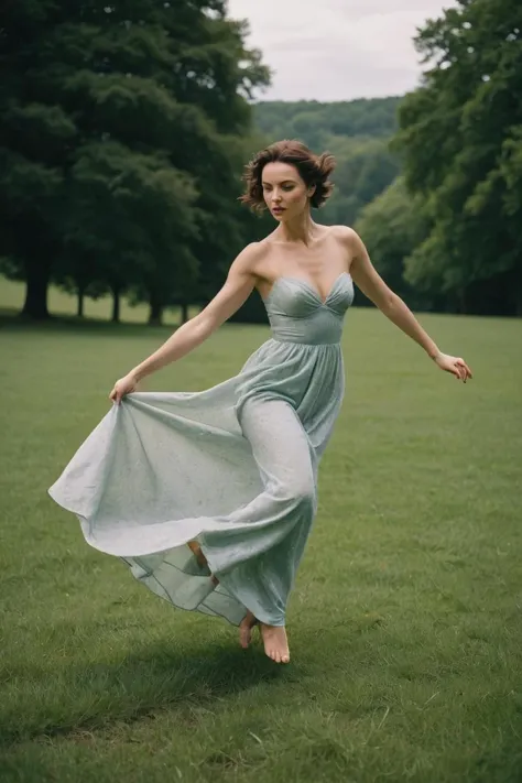 D4phneFrenchTI,(silk gown,small full (breasts), ,pasture:1.2),jumping,style by Dan Winters,RAW photography,film grain,photo taken with a Bolex H16,RAW,color graded portra 400 film,remarkable color,realistic dull skin noise,analog style,highest quality,skin pores,sharp focus,dappled lighting,film grain,photographed on a Sony A7R IV,18mm F/1.7 cine lens
