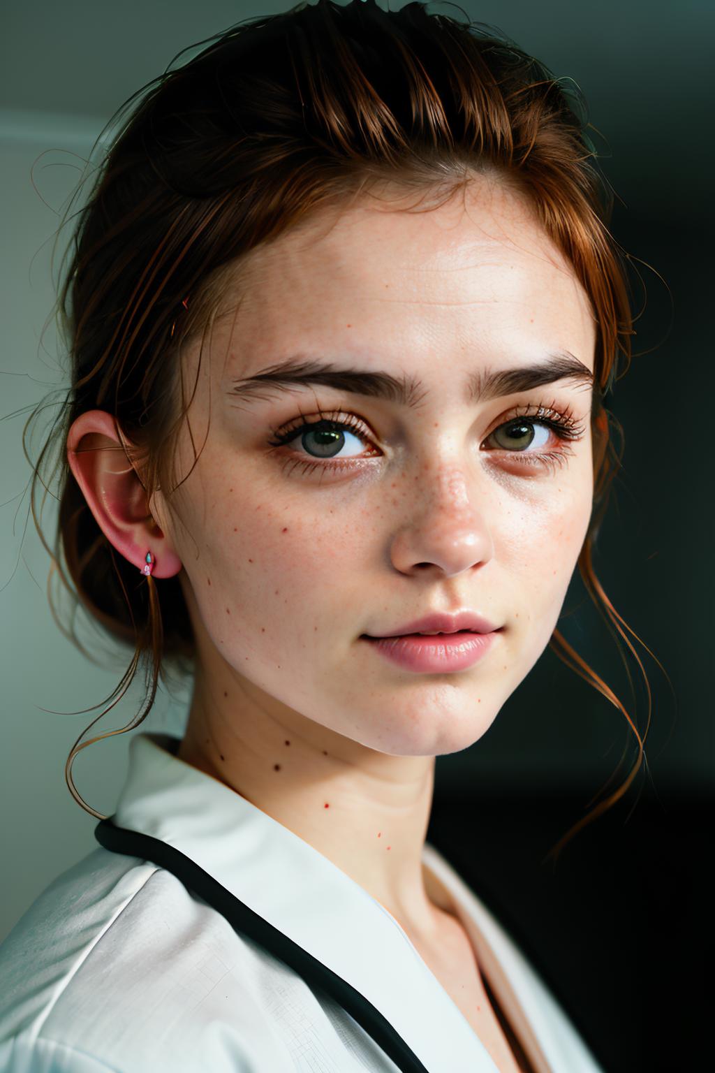 A close up of a woman with a white shirt and black tie - SeaArt AI