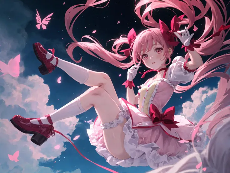 (masterpiece, best quality, ultra detailed,illustration,CG ,  hdr:1.2),
1girl, solo,madoka-v1  , looking at viewer,   dynamic angle , cinematic angle , depth of field , detailed and beautiful glow , detailed shadow ,  caustics,  ray tracing , bokeh , lens flare,
pink hair, gloves, white gloves, twintails, frilled socks, pink eyes, socks, frills, white socks, short sleeves, skirt, choker,white skirt, puffy short sleeves, puffy sleeves, bubble skirt, red footwear, frilled sleeves, short twintails, frilled skirt,ribbon, bow, soul gem, magical girl, leg ribbon, ankle ribbon, shoes, hair ribbon, parted lips, red choker, buttons, collarbone, pink theme, ribbon choker, pink ribbon, kneehighs, dot nose, blush, small breasts, light particles, hair bow, cross-laced footwear, hand up, breasts, (zentangle:1.2 )
(delicate flowers and clouds, soft pink hue , whimsical and romantic atmosphere,fantasy and charm,sparkle ) ,
<lora:madoka-000010:0.8>,