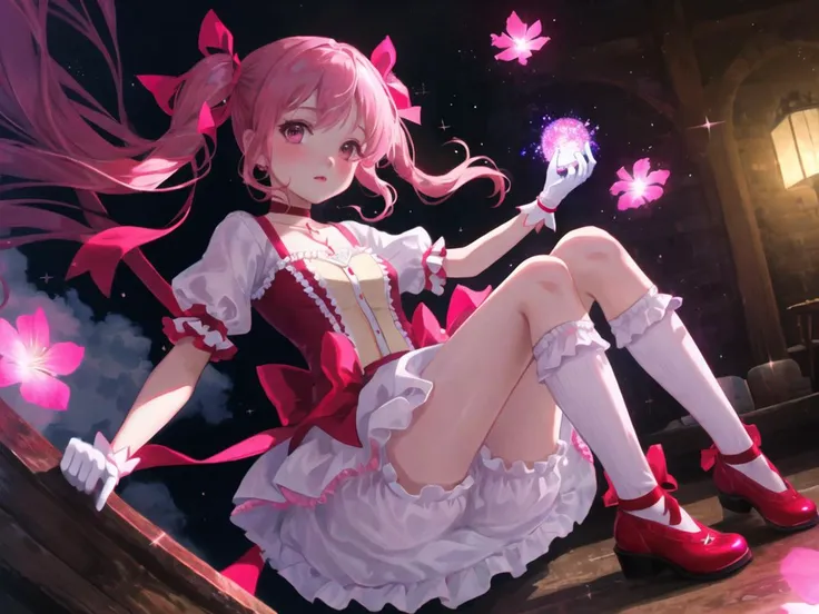 (masterpiece, best quality, ultra detailed,illustration,CG , hdr:1.2),
1girl, solo,madoka-v1 , looking at viewer, dynamic angle , cinematic angle , depth of field , detailed and beautiful glow , detailed shadow , caustics, ray tracing , bokeh , lens flare,
pink hair, gloves, white gloves, twintails, frilled socks, pink eyes, socks, frills, white socks, short sleeves, skirt, choker,white skirt, puffy short sleeves, puffy sleeves, bubble skirt, red footwear, frilled sleeves, short twintails, frilled skirt,ribbon, bow, soul gem, magical girl, leg ribbon, ankle ribbon, shoes, hair ribbon, parted lips, red choker, buttons, collarbone, pink theme, ribbon choker, pink ribbon, kneehighs, dot nose, blush, small breasts, light particles, hair bow, cross-laced footwear, hand up, breasts, (zentangle:1.2 )
(delicate flowers and clouds, soft pink hue , whimsical and romantic atmosphere,fantasy and charm,sparkle ) ,
<lora:madoka-000010:0.8>,