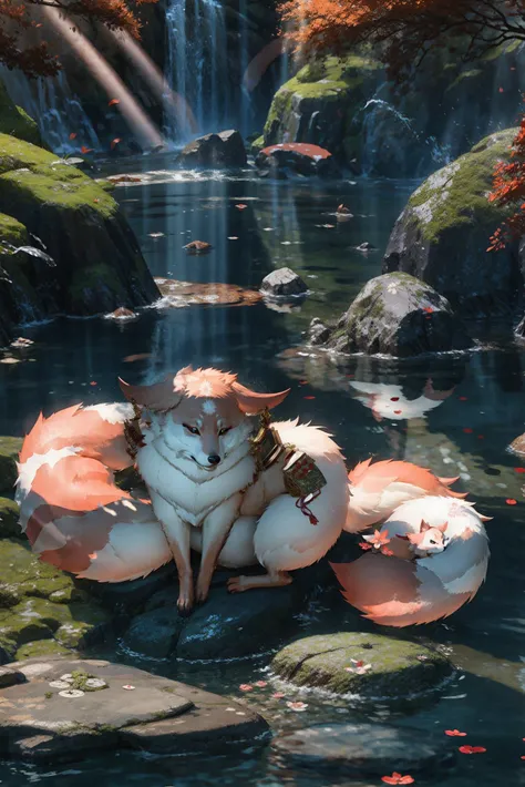 <lora:Japanese scene_20230609163753-000018:0.25> Japanese scene, <lora:YaeMikoFox:1.0>, YAEMIKOFOX, NO HUMANS, MULTIPLE TAILS, eyes opened, happy