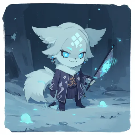 (masterpiece, best quality:1.3), <lora:YaeMikoFox:1>, (YaeMikoFox:1.1) holding scythe, smiling, fluffy tail,<lora:Gloomifier_V2_TheGlow:3>,no humans, <lora:12style_onmyoji-20:0.75> ,chibi, detailed face, detailed eyes, <lora:UnlimitedBladeWorks1.6:0.9> , holding, weapon, holding weapon, border, glowing eyes, <lora:BetterTail_1350steps:1.5>
