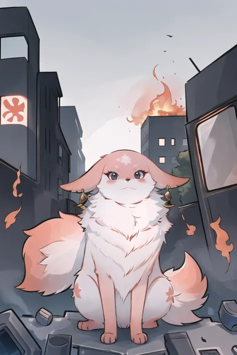 Highly detailed, High Quality, Masterpiece, beautiful, YaeMikoFox, <lora:YaeMikoFox:1>, fiery background, despairing expression, (ruined city:1.4), fire, sky, stand on street, day