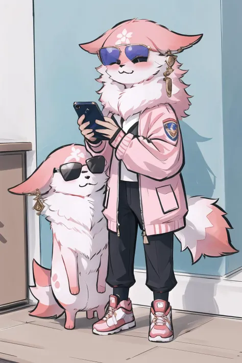 Highly detailed, High Quality, Masterpiece, beautiful, YaeMikoFox, <lora:YaeMikoFox:1>, holding, standing, closed eyes, no humans, :3, phone, sunglasses, cellphone, eyewear on head, smartphone, holding phone