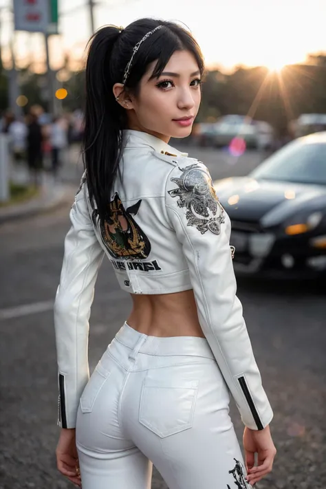 (Art Photography, Award Winning) skinny and toned, extremely long legs, DV_Xue_Vicious (is a yakuza with neck tattoo, wearing white leather pants and jacket with dragon print on the back, white ducati bike, 5mm, F/2.8, ((Photo Focus, DOF, Aperture, insanely detailed and intricate, character, hypermaximalist, revealing, appealing, attractive, amative, hyper realistic, super detailed, heresy flares))(DOF, blurry background, sunset in the background) (Lens Flare:1.3), (Heresy flare:1.4), smiling, standing
