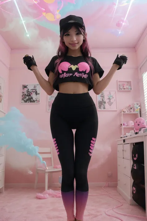 Streamer Girl, DV_Xue_Vicious (Cinematic) is an E-Girl (JUMPING:1.4) in her pink gaming room, wearing (black spandex leggings and a t-shirt:1.5)(NEON CEILING LIGHTS:1.5)(Shot on Aaton LTR 54) insanely detailed and intricate, character, hypermaximalist, beautiful, exotic, revealing, appealing, attractive, amative, hyper realistic, super detailed, smiling at the viewer  <lora:ARWgameroomconcept:1> gameroomconcept, room (no windows:1.5) Spotlights, (lens flare:1.4) (pink smoke bomb:1.4)(foggy floor:1.3)