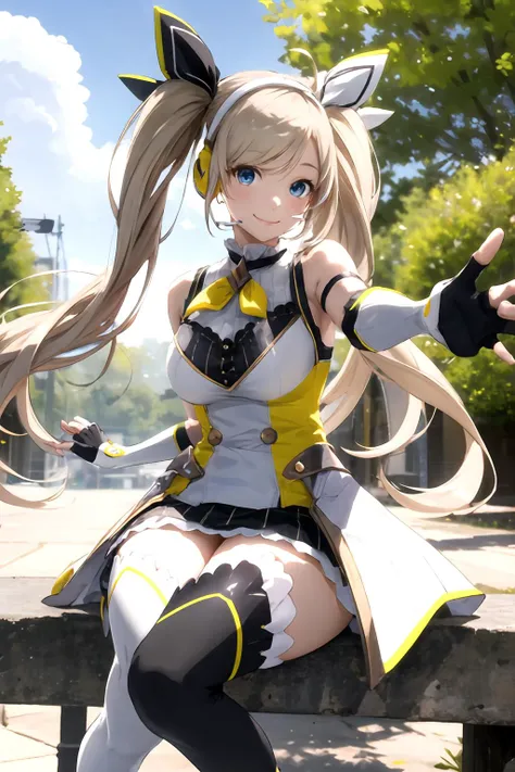 masterpiece, (best quality), vibrant colors ,natural lighting ,RTX, perfect proportions, beautiful, detailed face, (perfect eyes:1.1) ,(photorealistic:1.1), 8k uhd, outdoors, simple background, zea cornelia, 1girl, solo, long hair, smile, blue eyes, skirt, blonde hair, thighhighs, gloves, dress, ribbon, bare shoulders, twintails, medium breasts, very long hair, hair ribbon, ahoge, boots, sleeveless, black gloves, fingerless gloves, black footwear, white dress, white thighhighs, zettai ryouiki, white footwear, headset, asymmetrical legwear, mismatched legwear, straight-on, Sitting with legs outstretched, <lora:ZeaCornelia:0.85>