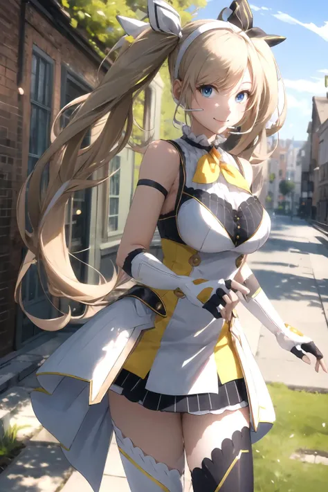 masterpiece, (best quality), vibrant colors ,natural lighting ,RTX, perfect proportions, beautiful, detailed face, (perfect eyes:1.1) ,(photorealistic:1.1), 8k uhd, outdoors, simple background, zea cornelia, 1girl, solo, long hair, smile, blue eyes, skirt, blonde hair, thighhighs, gloves, dress, ribbon, bare shoulders, twintails, medium breasts, very long hair, hair ribbon, ahoge, boots, sleeveless, black gloves, fingerless gloves, black footwear, white dress, white thighhighs, zettai ryouiki, white footwear, headset, asymmetrical legwear, mismatched legwear, straight-on, Standing with one foot in front of the other, <lora:ZeaCornelia:0.85>
