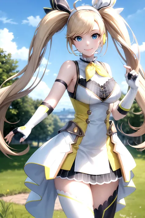 masterpiece, (best quality), vibrant colors ,natural lighting ,RTX, perfect proportions, beautiful, detailed face, (perfect eyes:1.1) ,(photorealistic:1.1), 8k uhd, outdoors, simple background, zea cornelia, 1girl, solo, long hair, smile, blue eyes, skirt, blonde hair, thighhighs, gloves, dress, ribbon, bare shoulders, twintails, medium breasts, very long hair, hair ribbon, ahoge, boots, sleeveless, black gloves, fingerless gloves, black footwear, white dress, white thighhighs, zettai ryouiki, white footwear, headset, asymmetrical legwear, mismatched legwear, straight-on, Walking with a prancing step, <lora:ZeaCornelia:0.85>