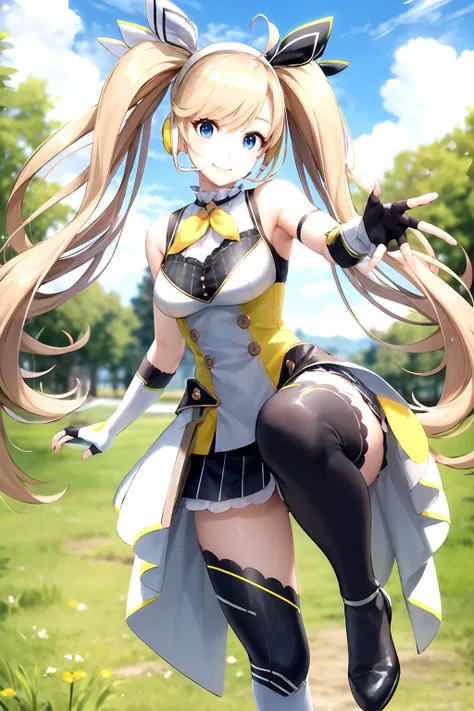 masterpiece, (best quality), vibrant colors ,natural lighting ,RTX, perfect proportions, beautiful, detailed face, (perfect eyes:1.1) ,(photorealistic:1.1), 8k uhd, outdoors, simple background, zea cornelia, 1girl, solo, long hair, smile, blue eyes, skirt, blonde hair, thighhighs, gloves, dress, ribbon, bare shoulders, twintails, medium breasts, very long hair, hair ribbon, ahoge, boots, sleeveless, black gloves, fingerless gloves, black footwear, white dress, white thighhighs, zettai ryouiki, white footwear, headset, asymmetrical legwear, mismatched legwear, straight-on, Balancing on one foot, mimicking a crane pose, <lora:ZeaCornelia:0.85>