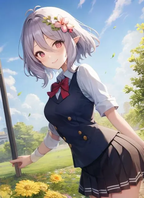 <lora:rory2-000009:1>, rnd1, blue school uniform, black skirt, smile, simple background, outdoors, sky, day, <lora:kokkoro_v1:0.9>