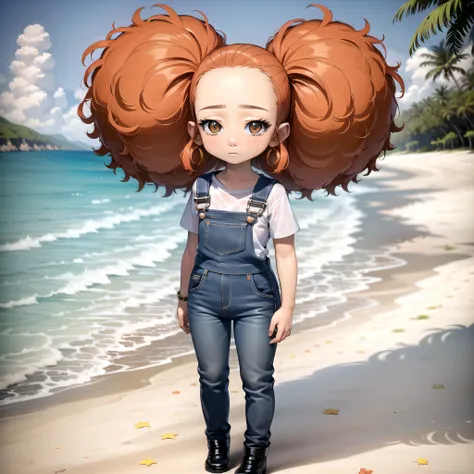 ((masterpiece, best quality)),solo,1girl,full body, jazmine dubois, <lora:JazmineDubois4-0606:0.6>,brown eyes ,brown hair , frizzy hair, big hair, afro puffs, overalls, beach