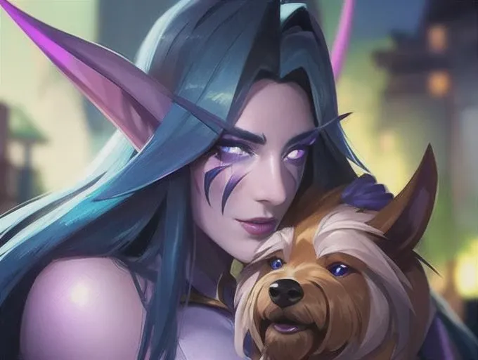 high quality, particles, night elf \(warcraft\), light purple skin, best quality, masterpiece, 1girl, shenelf, athletic, glowing eyes, facial mark, makeup, shenelf playing with yorkshire terrier, hugging a yorkshire terrier, petting a yorkshire terrier, looking at yorkshire terrier,<lora:sxzNightElvesWarcraft_sxzNightElves:0.8>