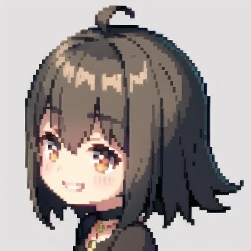 1girl, solo, grin, smile, blush, black hair, curly hair, hair between eyes, brown eyes, black t-shirt, necklace, black choker, upper body,
chibi, cute, kawaii, (pixel:1.5),
white background, simple background,
SFW, (masterpiece:1,2), best quality, highres, original
