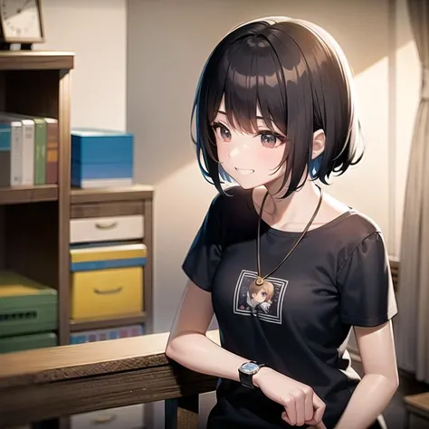 1girl, solo, side face, black hair, short hair, curly hair, black eyes, looking to the side, grin, happy, silk necklace, black t-shirt, short sleeves, black wristwatch, SFW, (masterpiece:1.1), best quality, highres, original, perfect lighting, (chibi: 1.3), cute, kawaii, (simple background: 1.5), game role, game toy, game model