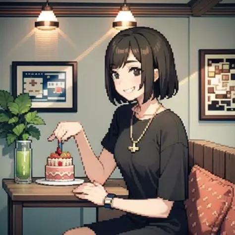 1girl, solo, grin, smile, blush, black hair, curly hair, short hair, black eyes, black t-shirt, necklace, black watch, 
holding strawberry cake, walls, painting, sofa, indoors, 
(pixel:1.5), pixel art, 
SFW, (masterpiece:1.2), best quality, highres, original, perfect lighting, (extremely detailed CG:1.2)