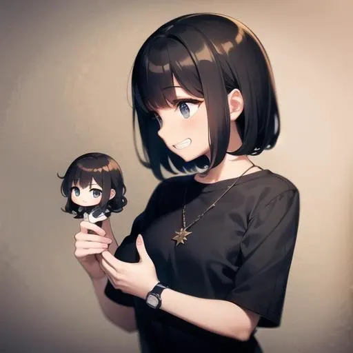 1girl, solo, side face, black hair, short hair, curly hair, black eyes, looking to the side, grin, happy, silk necklace, black t-shirt, short sleeves, black wristwatch, SFW, (masterpiece:1.1), best quality, highres, original, (chibi: 1.3), cute, kawaii, (gray background: 1.5), game role, game character display