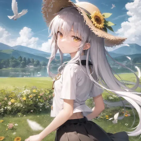 (masterpiece, best quality, ultra-detailed), official art, extremely detailed CG unity 8k wallpaper, illustration, wide shot, [standing in the flower field], (1girl, solo), kanade, (large straw hat:1.2), depth of field, the tan school uniform, black skirt, white socks, holding flower, elegant, sad, expressionless, (flying pigeons), curtained hair, hair behind ear, [[[silver hair , white hair,  blue hair, purple hair]]], perfect face, lake, holy, rural, hevn, heaven's feel, teenage, 15 years old, clear open sky with some cloud, (adjusting hair, hand in own hair), mountainous horizon,  falling small feathers, holiness, looking back, height difference