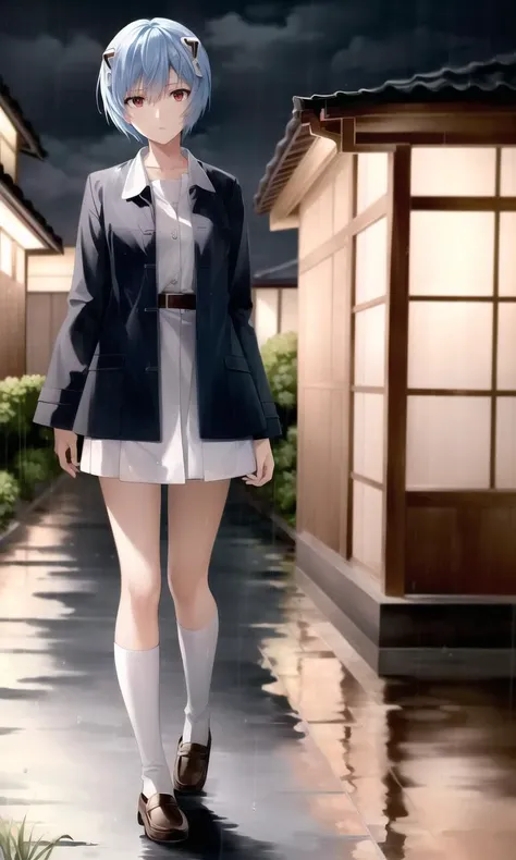 masterpiece portrait of serious Rei Ayanami \(evangelion\), evangelion \(Hideaki\), caustics, textile shading, high resolution illustration, red eyes, feminine, no pupils, blue hair, short hair, japanese school uniform, raincoat, busstop, raining, rain, night, full body shot