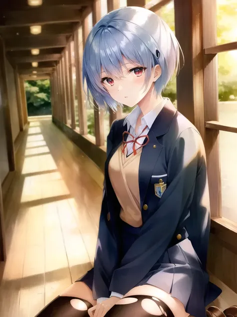 masterpiece portrait of Rei Ayanami \(evangelion\), evangelion \(Hideaki\), caustics, textile shading, high resolution illustration, red eyes, feminine, no pupils, blue hair, short hair, japanese school uniform, loafers, detailed school, japanese school hallway, japanese modern school in Tokyo, soft light, black stockings, torn stockings, indoors, wooden floor, hallway, at night, neon lights